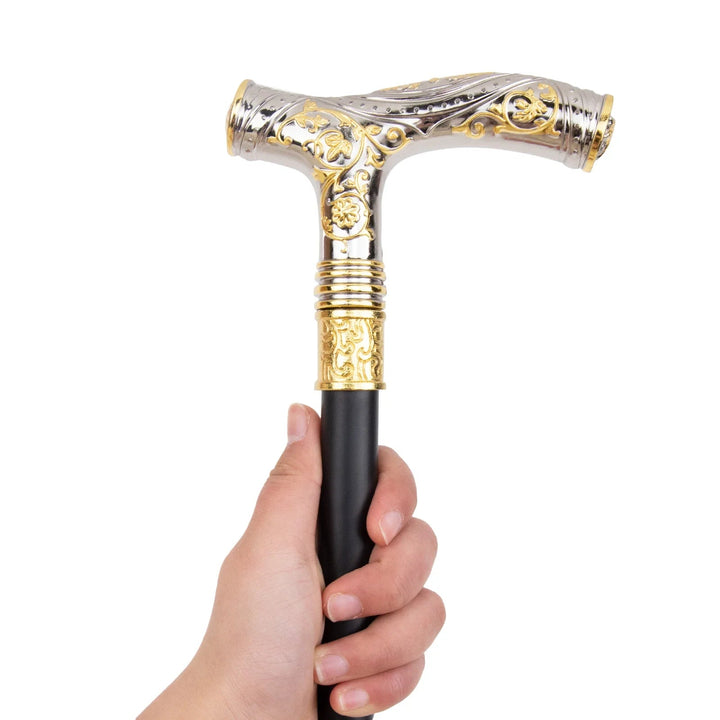 Silver And Gold Steampunk Cane With Patterns fashionable