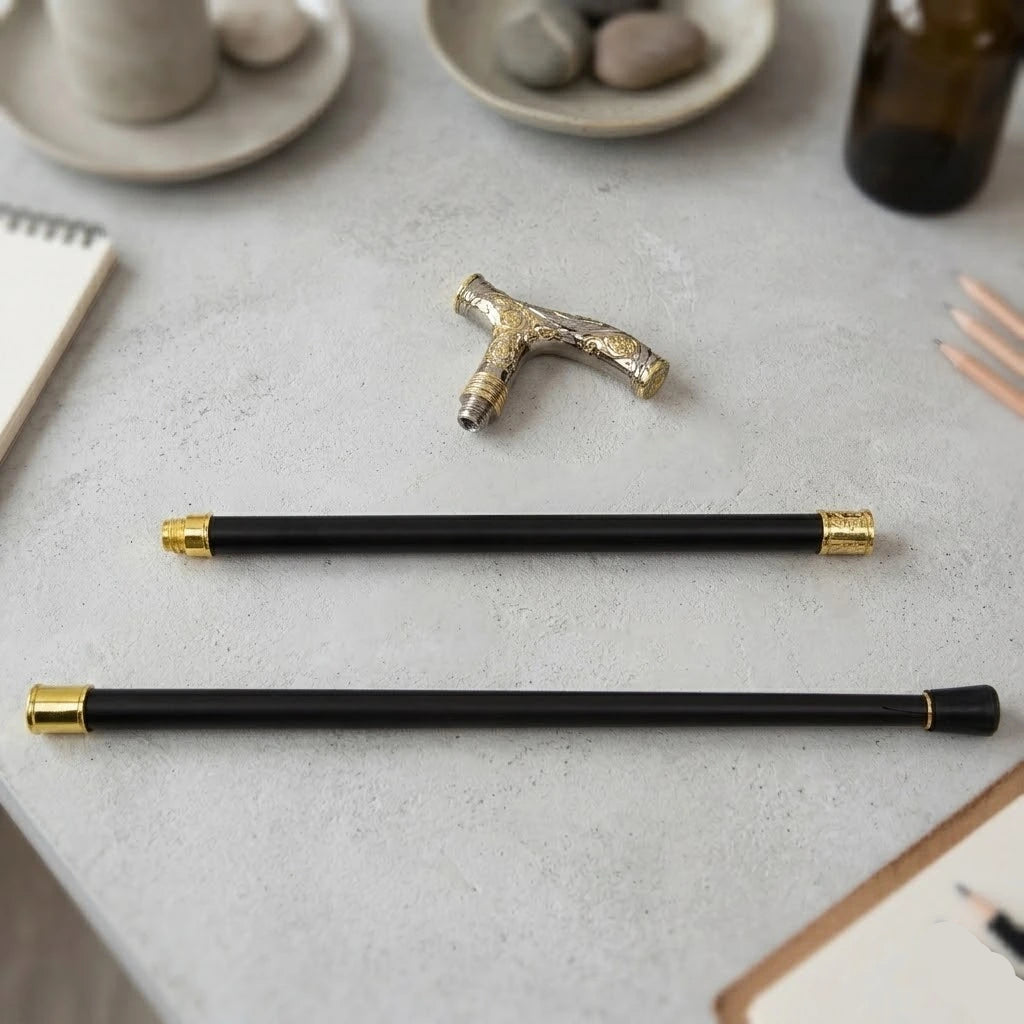 Silver And Gold Steampunk Cane With Patterns luxury
