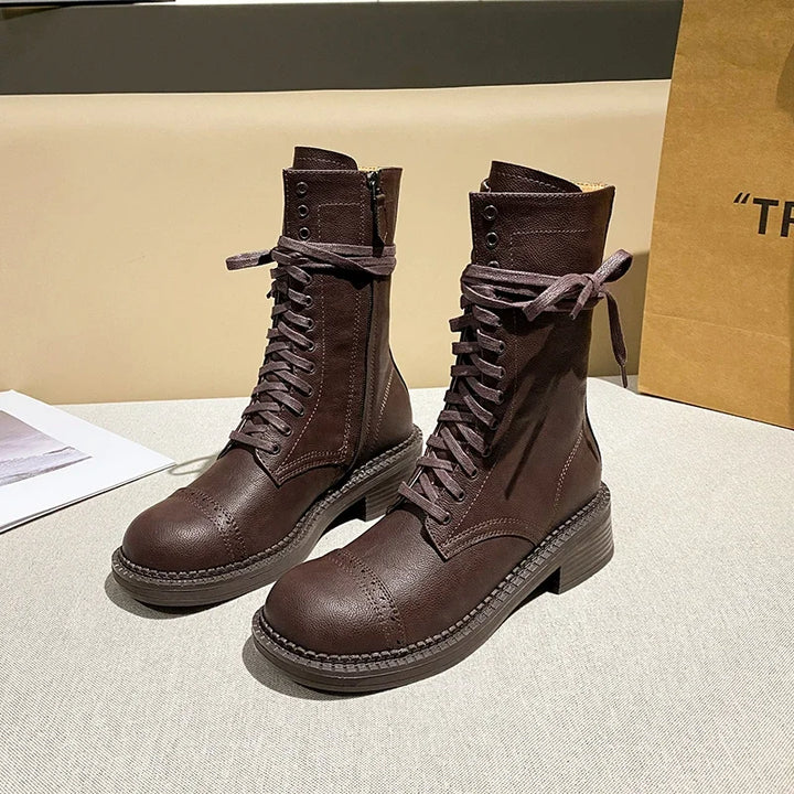 Sleek Flat Steampunk Ankle Boots Brown