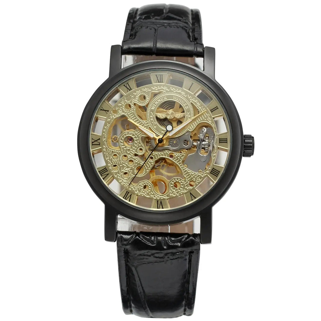 Sleek Men’s Automatic Steampunk Watch Black Black Gold