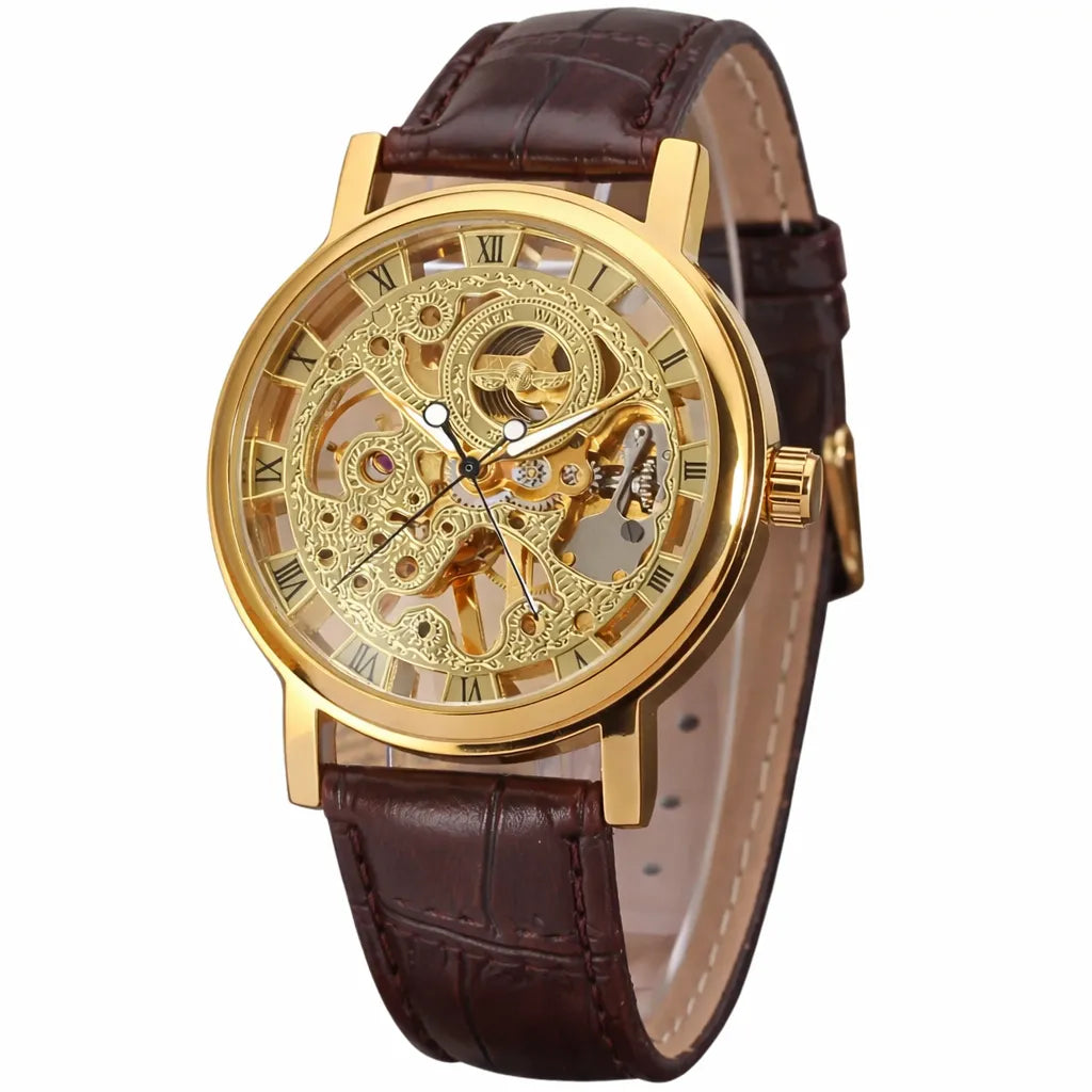 Sleek Men’s Automatic Steampunk Watch Brown Gold