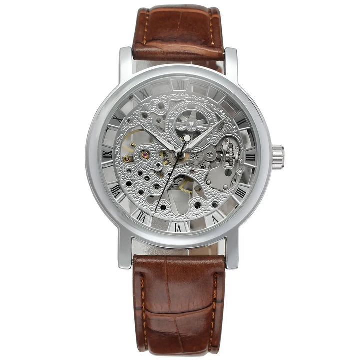 Sleek Men’s Automatic Steampunk Watch Brown Silver 