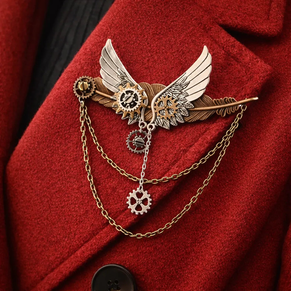 Steampunk Brooch with Feathers and Gears