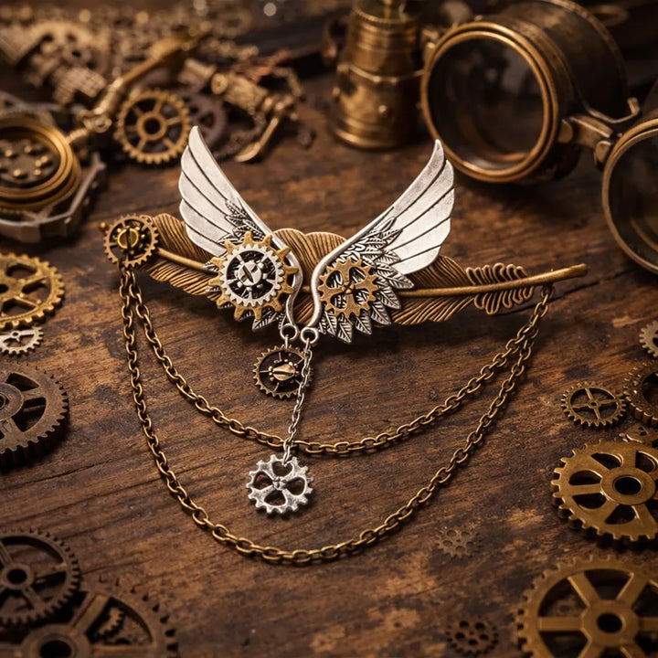 Steampunk Brooch with Feathers and Gears Design