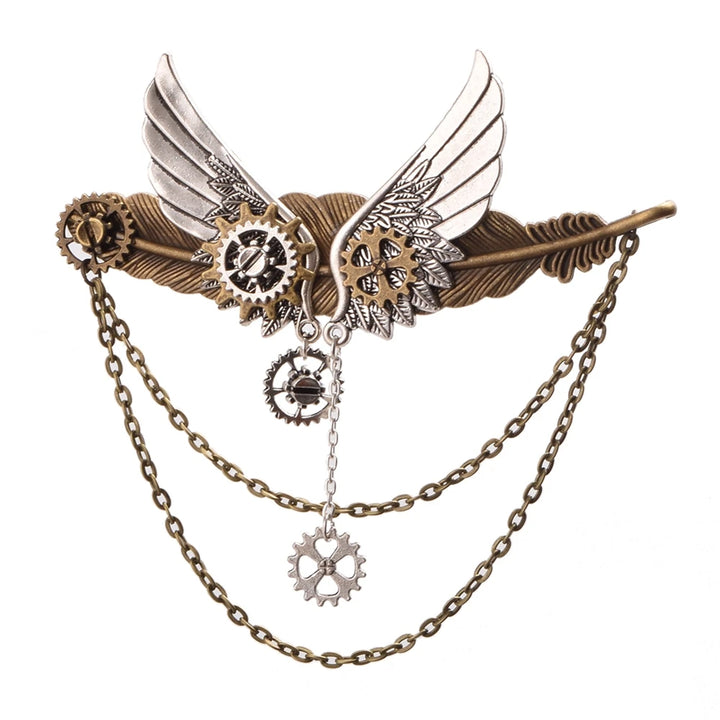 Steampunk Brooch with Feathers and Gears Style
