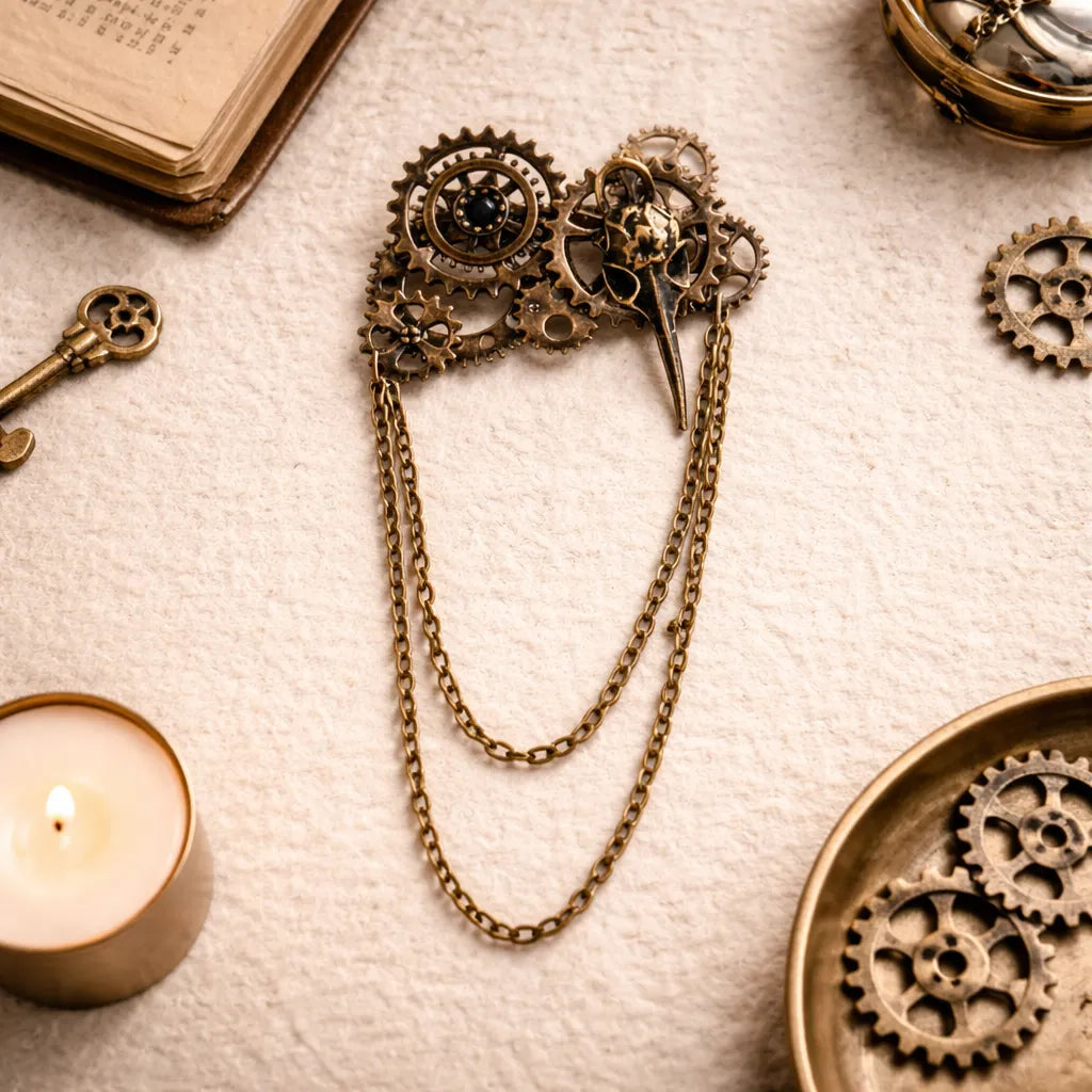 Steampunk Brooch with Gears and Chains 