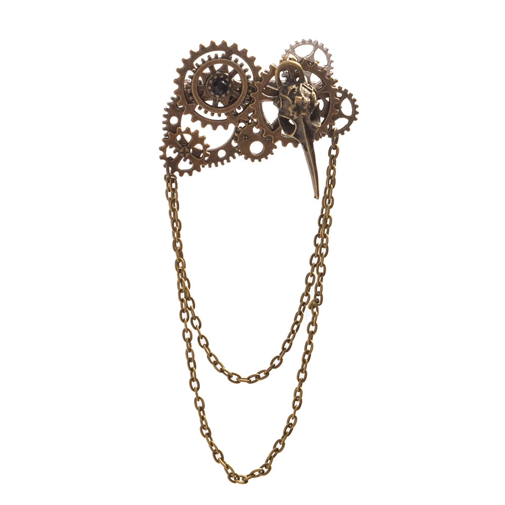 Steampunk Brooch with Gears and Chains Gold