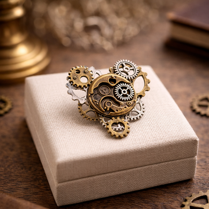 Steampunk Brooch with Gold and Silver Gears Style