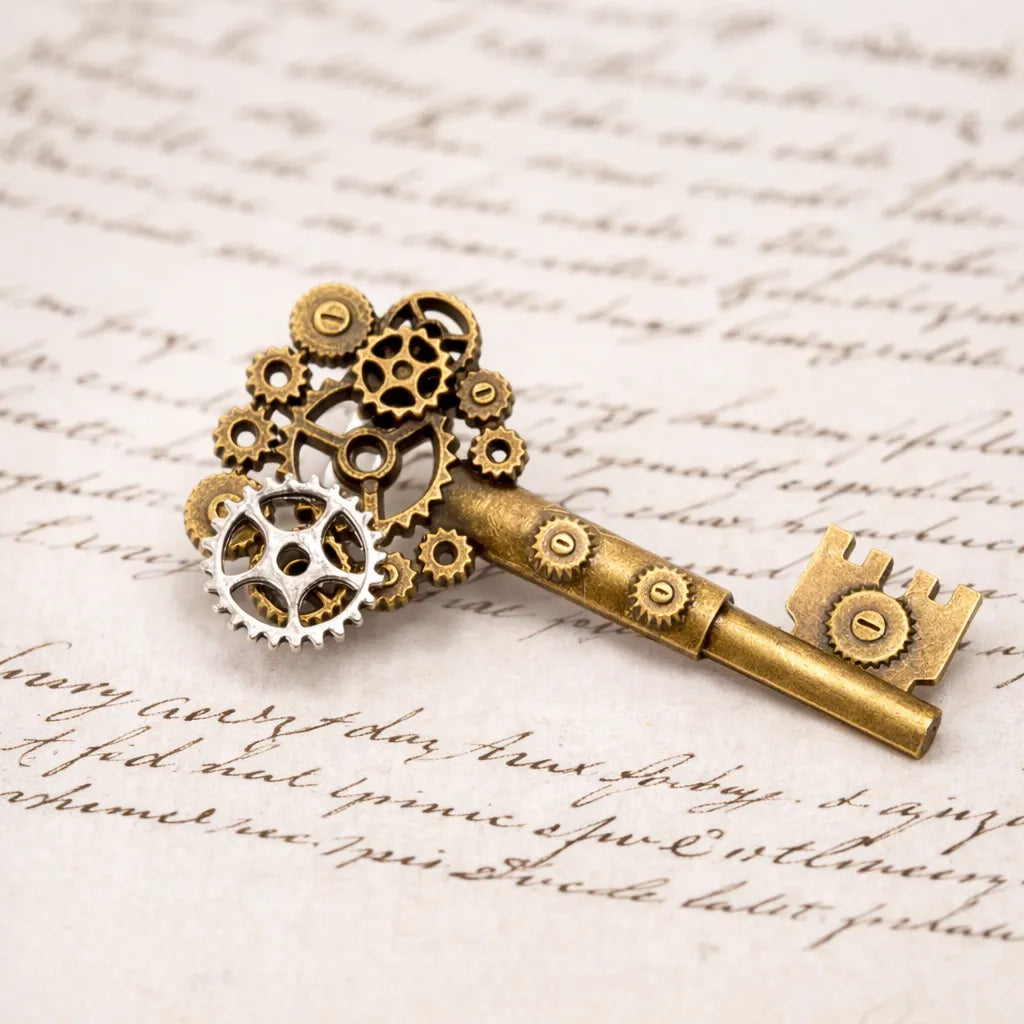 Steampunk Brooch with a Key and Gears Design