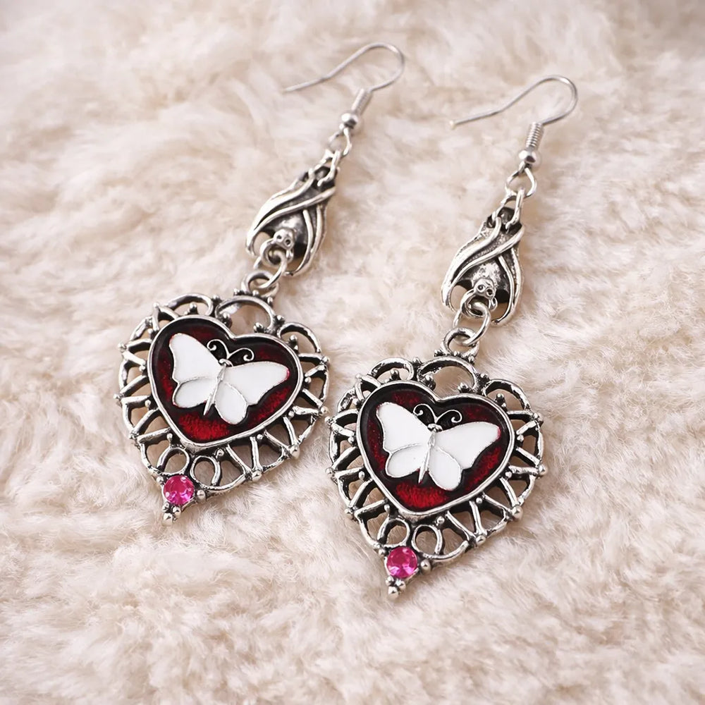 Steampunk Butterfly Heart Earrings White