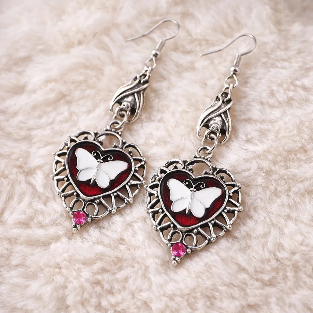Steampunk Butterfly Heart Earrings White