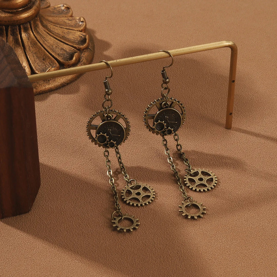 Steampunk Chain Pendant Gear Earrings