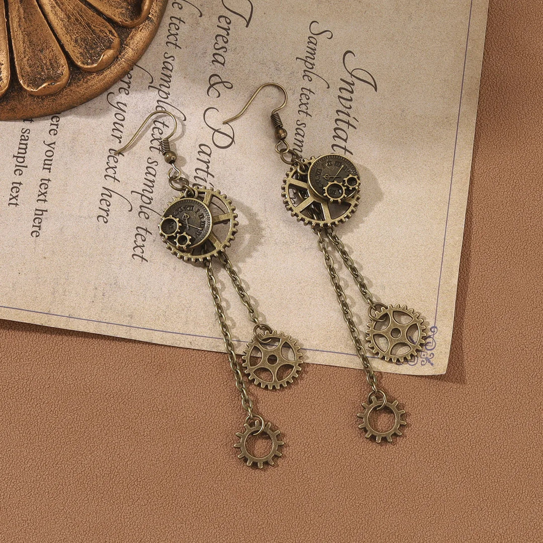 Steampunk Chain Pendant Gear Earrings elegant