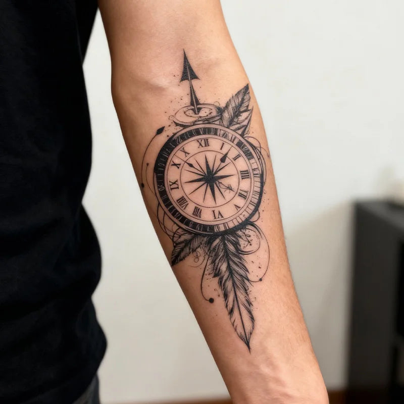 Steampunk Compass Feather Tattoo