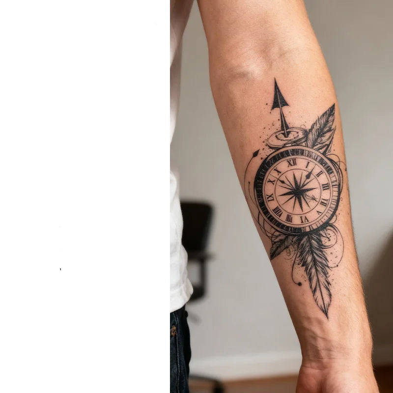 Steampunk Compass Feather Tattoo elegant