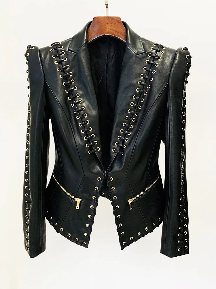 Steampunk Design Lace-Up Leather Jacket Black