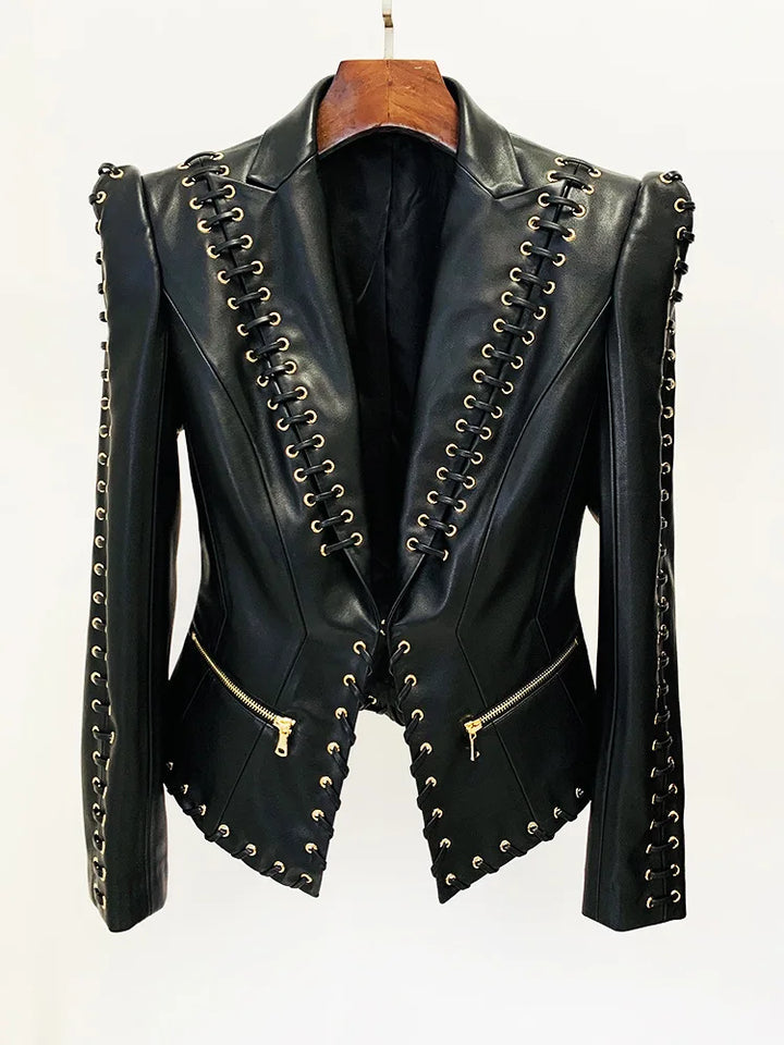 Steampunk Design Lace-Up Leather Jacket Black