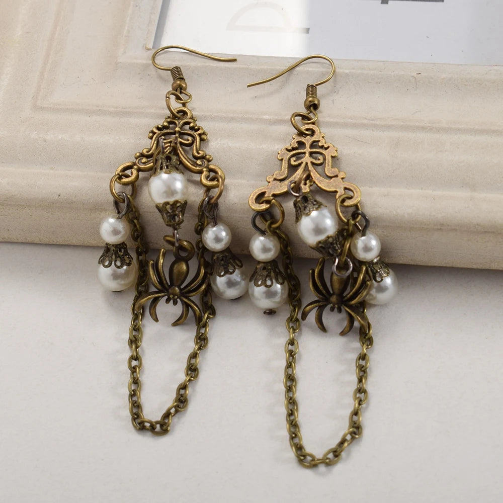 Steampunk Earrings With White Pearls Metal