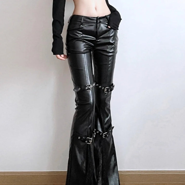 Steampunk Faux Leather Flared Pants With Lace