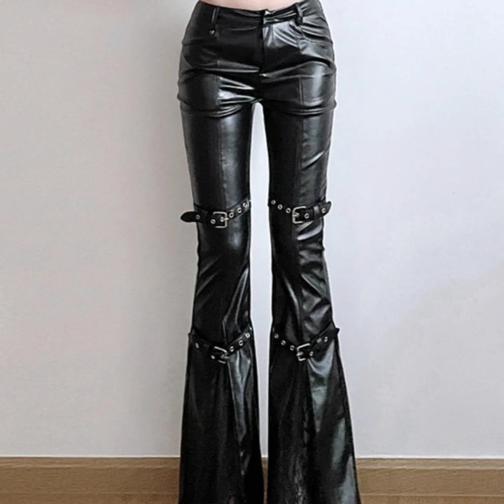 Steampunk Faux Leather Flared Pants With Lace Black