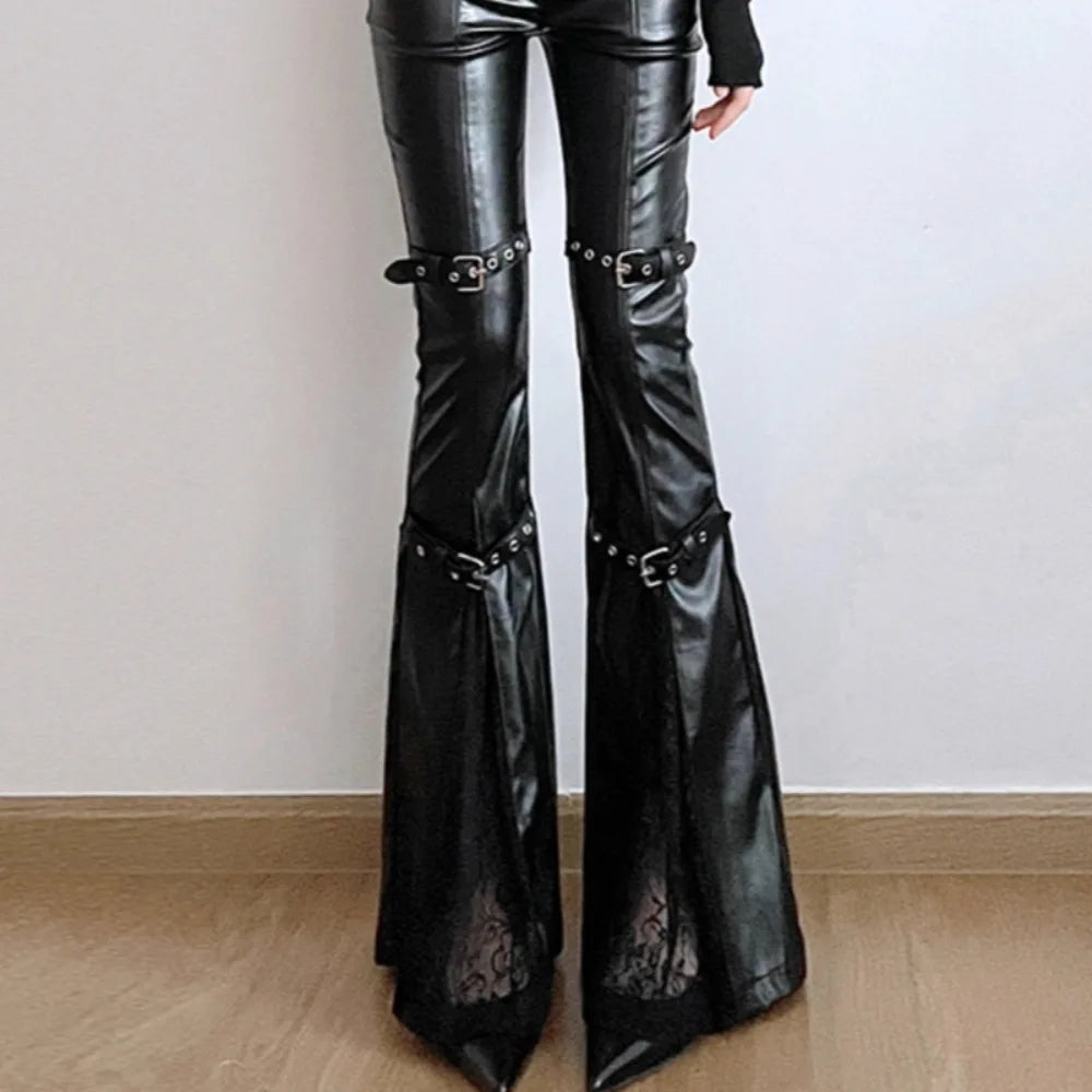 Steampunk Faux Leather Flared Pants With Lace Black Design