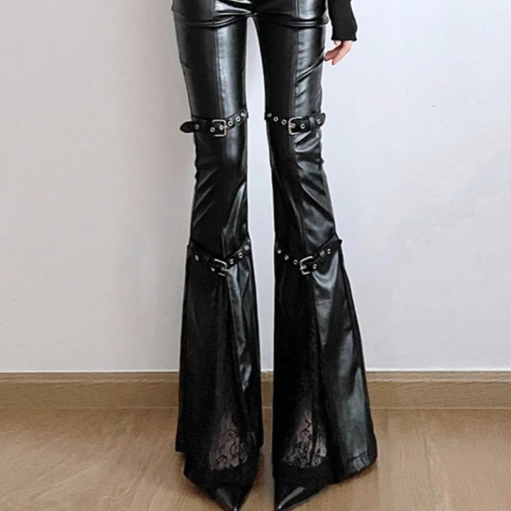 Steampunk Faux Leather Flared Pants With Lace Black Design