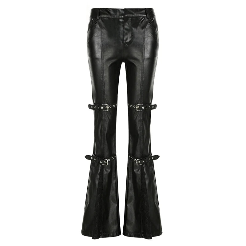 Steampunk Faux Leather Flared Pants With Lace Fashion