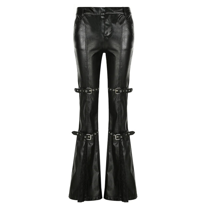Steampunk Faux Leather Flared Pants With Lace Fashion