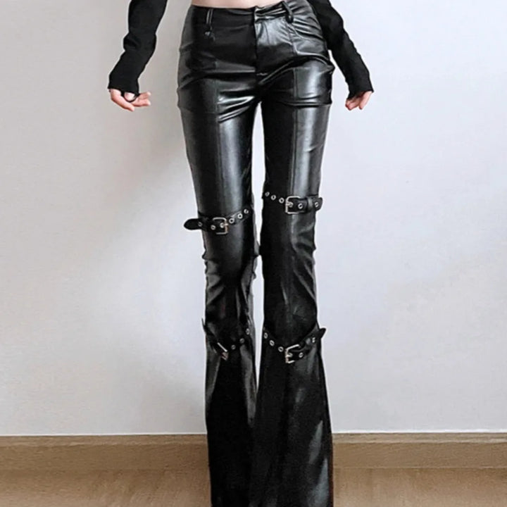 Steampunk Faux Leather Flared Pants With Lace Stylish
