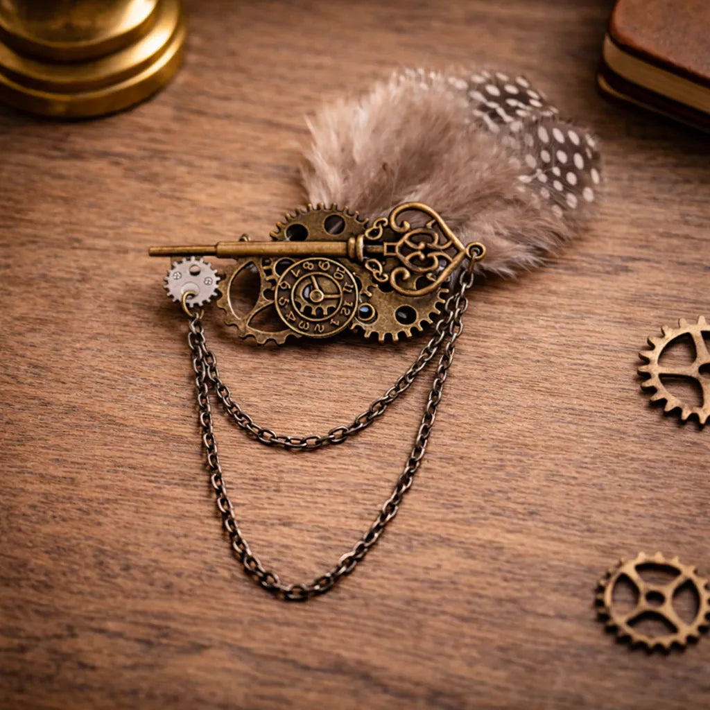 Steampunk Feather Key Brooch 
