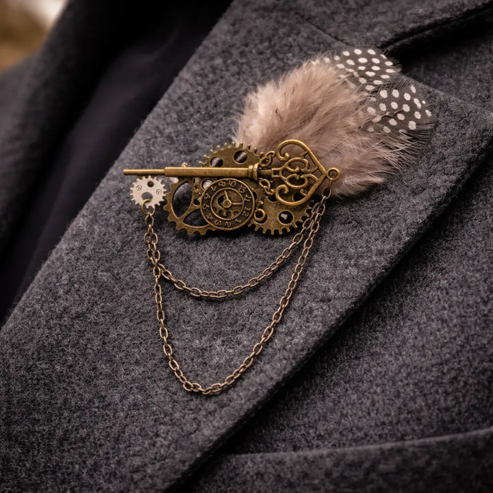 Steampunk Feather Key Brooch Bird
