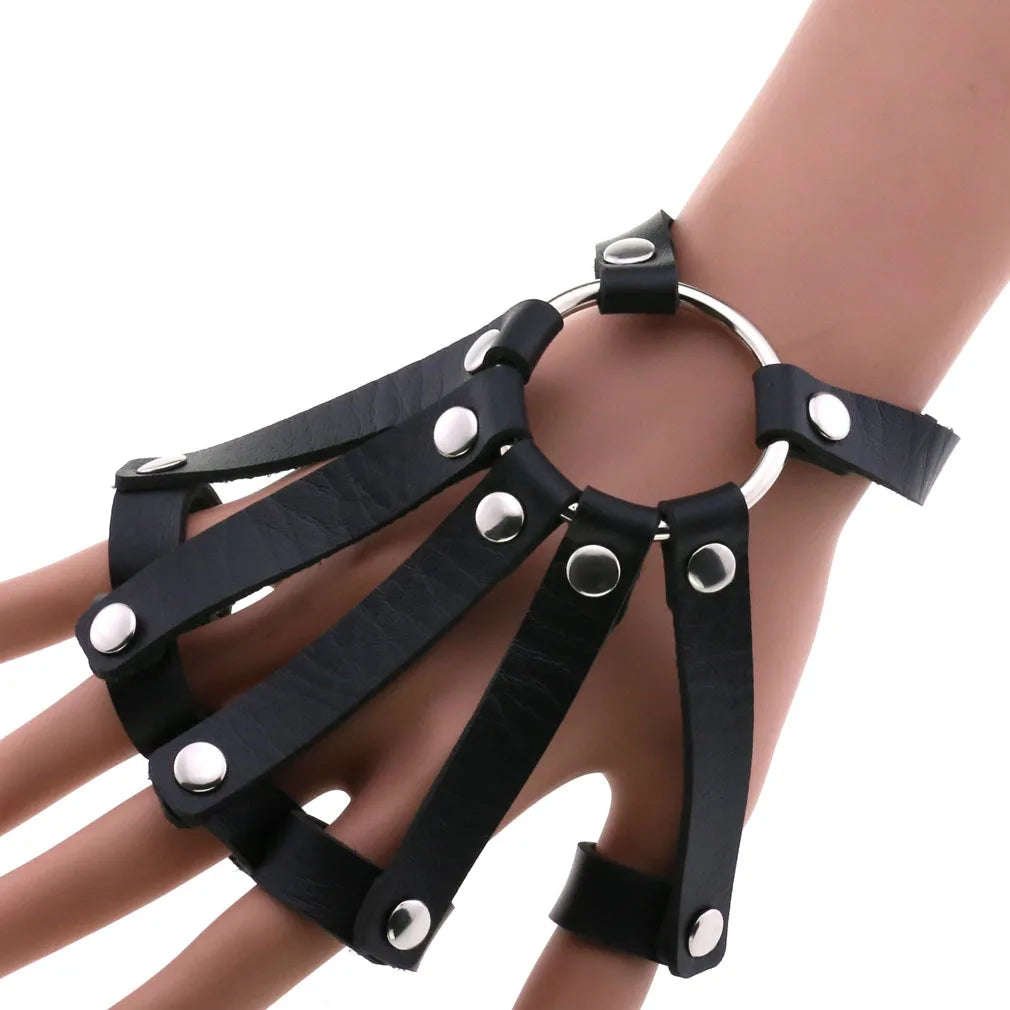 Steampunk Finger PU Leather Cuff Bracelet black