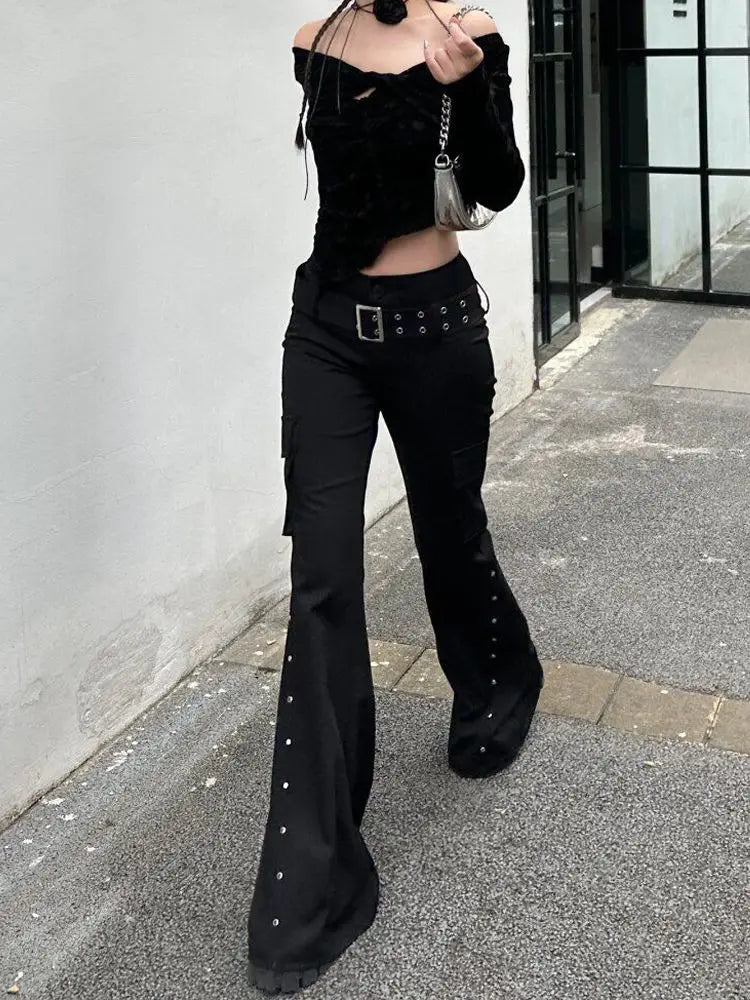Steampunk Flare Pants With Rivets edgy