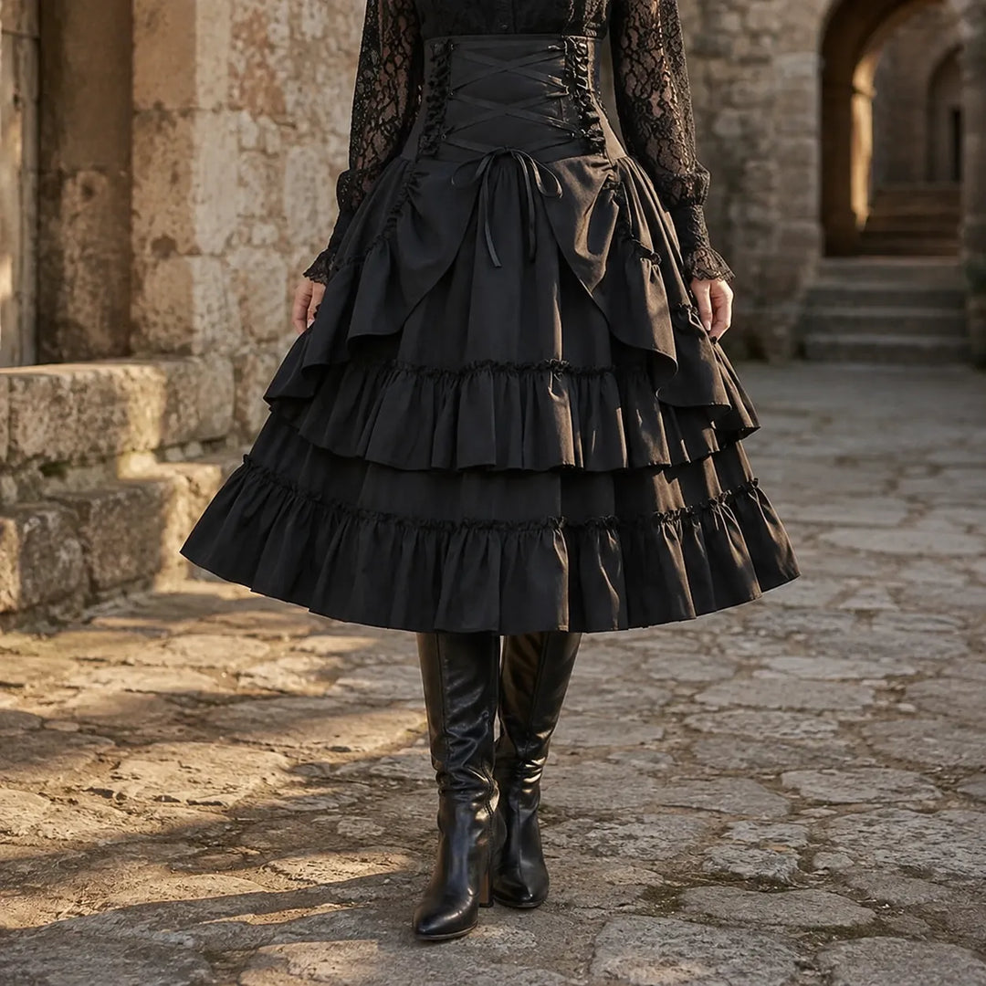 Steampunk Frilly Midi Skirt With Lacing