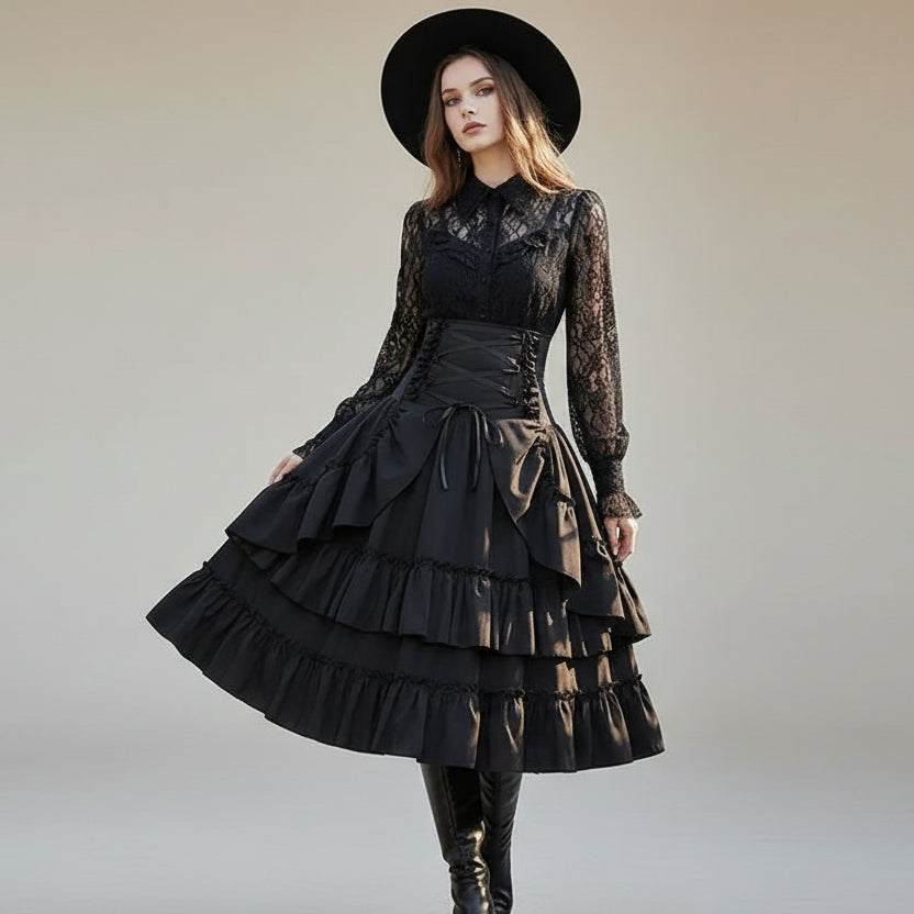 Steampunk Frilly Midi Skirt With Lacing