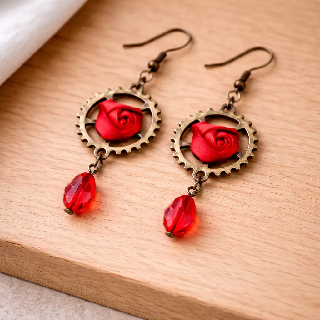 Steampunk Gear Pendant Earrings with Rose