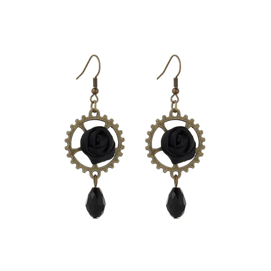 Steampunk Gear Pendant Earrings with Rose Black