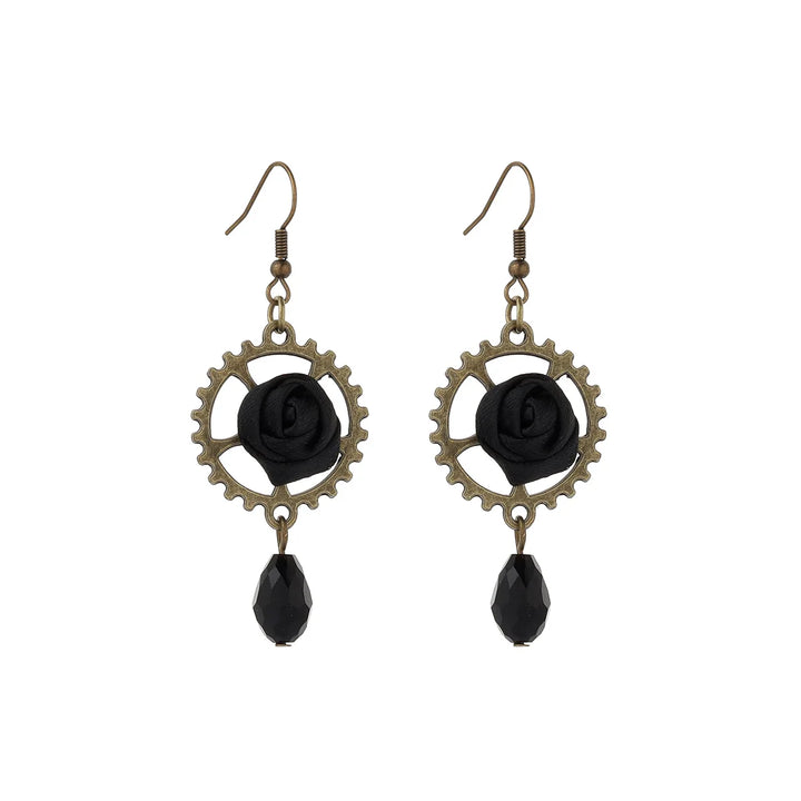 Steampunk Gear Pendant Earrings with Rose Black