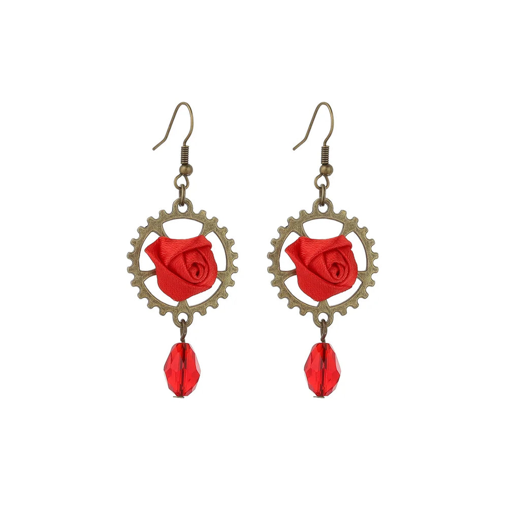 Steampunk Gear Pendant Earrings with Rose Red