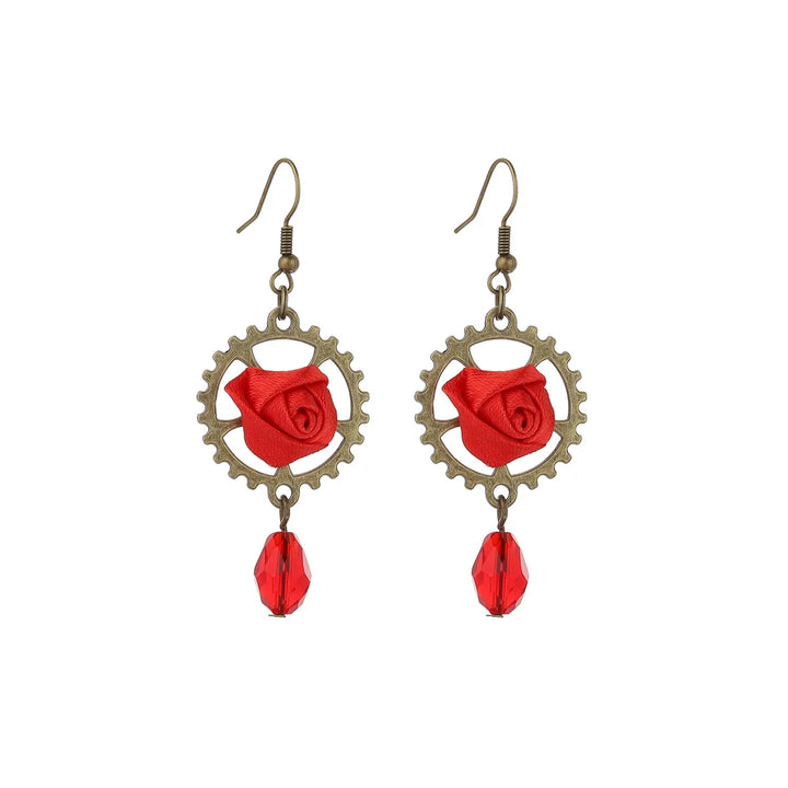 Steampunk Gear Pendant Earrings with Rose Red