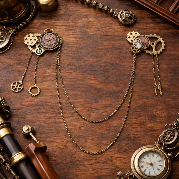 Steampunk Gears Brooch with Chains Design