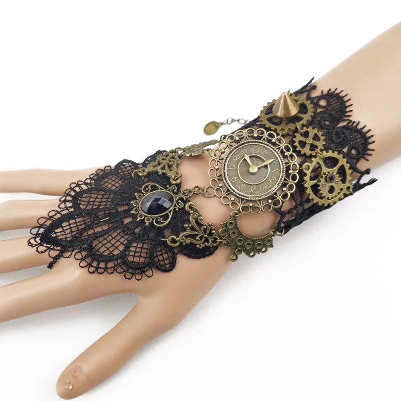 Steampunk Gloves with Gears and Watch Black