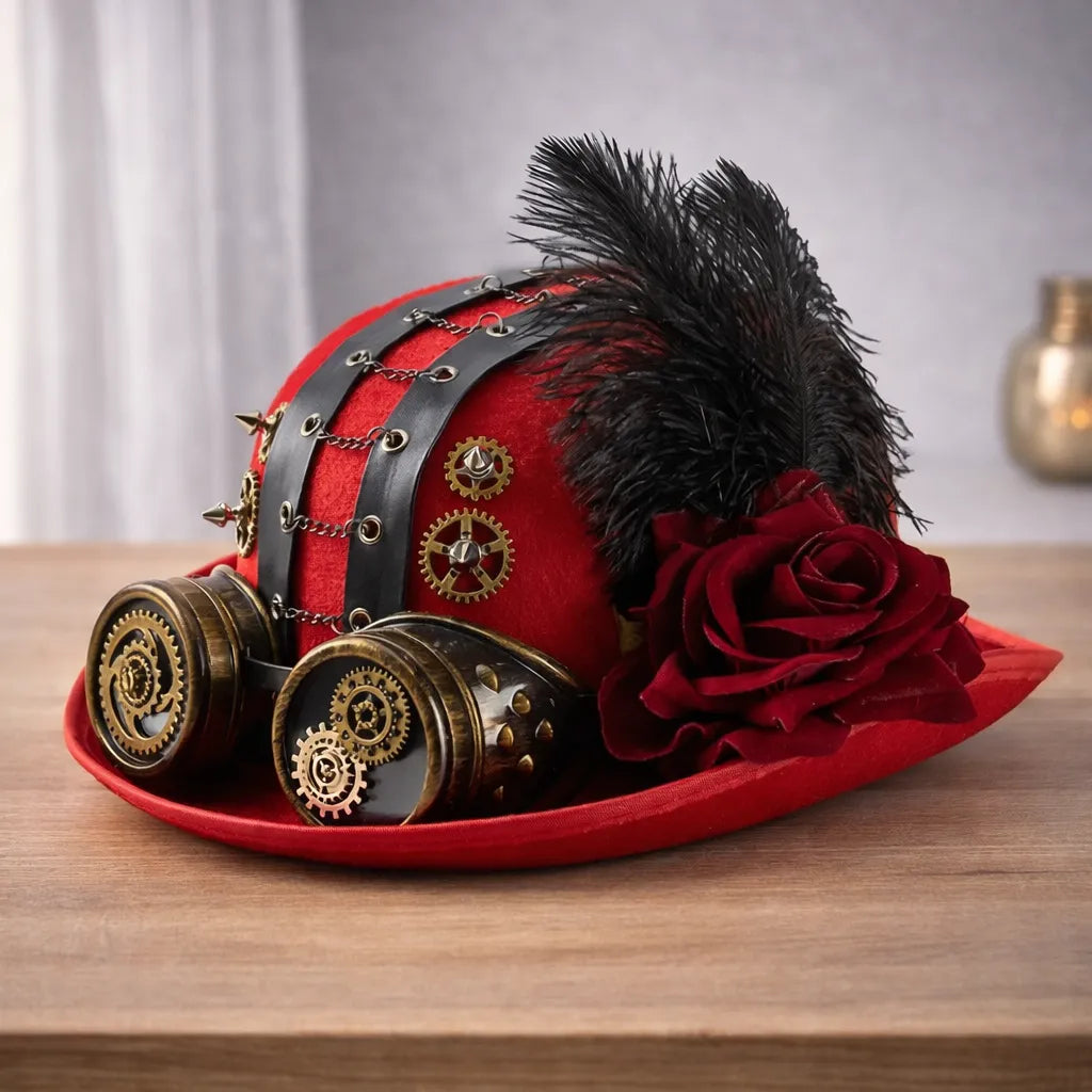 Steampunk Hat With Goggles and Dark Rose