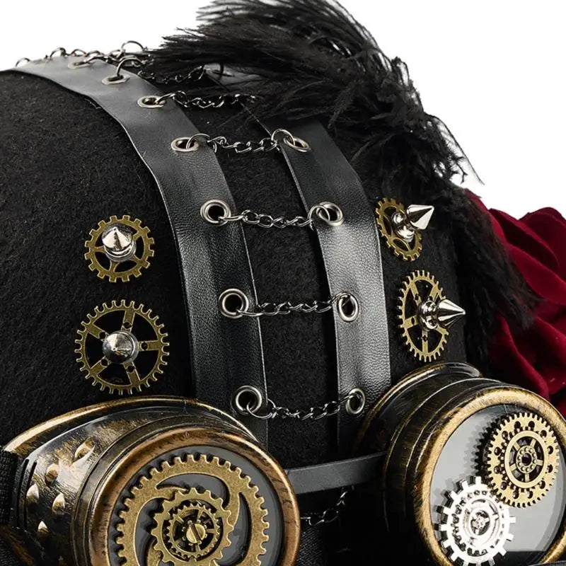 Steampunk Hat With Goggles and Dark Rose – dark floral accent