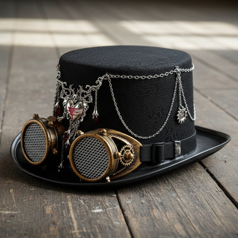 Steampunk Hat With Heart Chain and Goggles