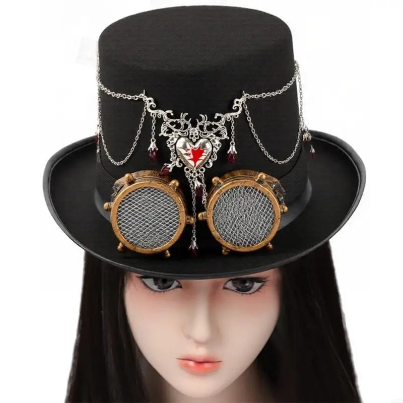 Steampunk Hat With Heart Chain and Goggles fashionable