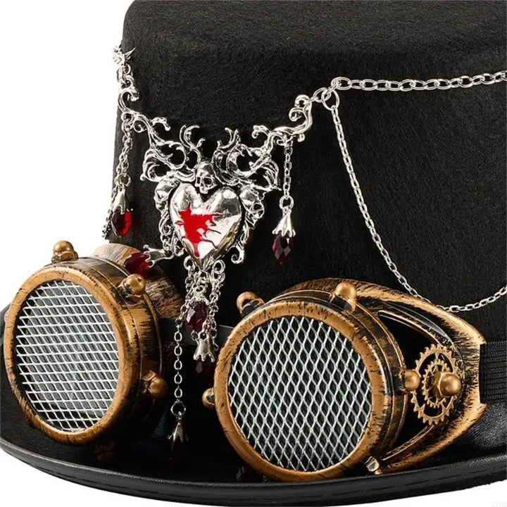 Steampunk Hat With Heart Chain and Goggles romantic
