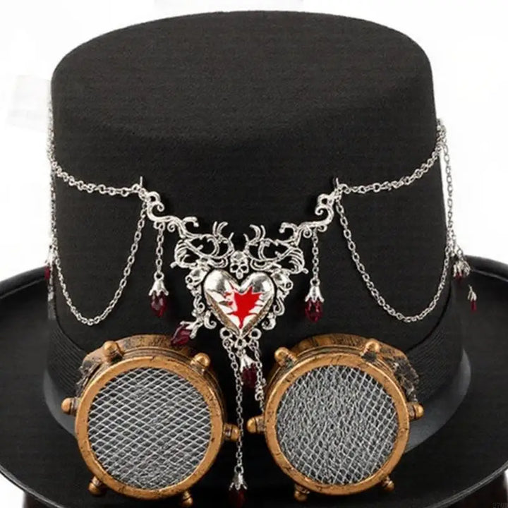 Steampunk Hat With Heart Chain and Goggles stylish