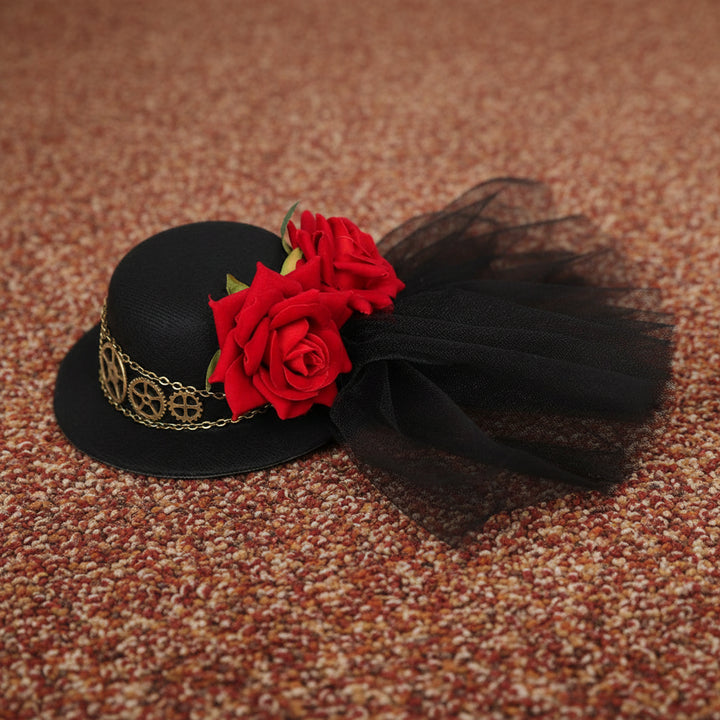Steampunk Hat With a Veil and Red Roses