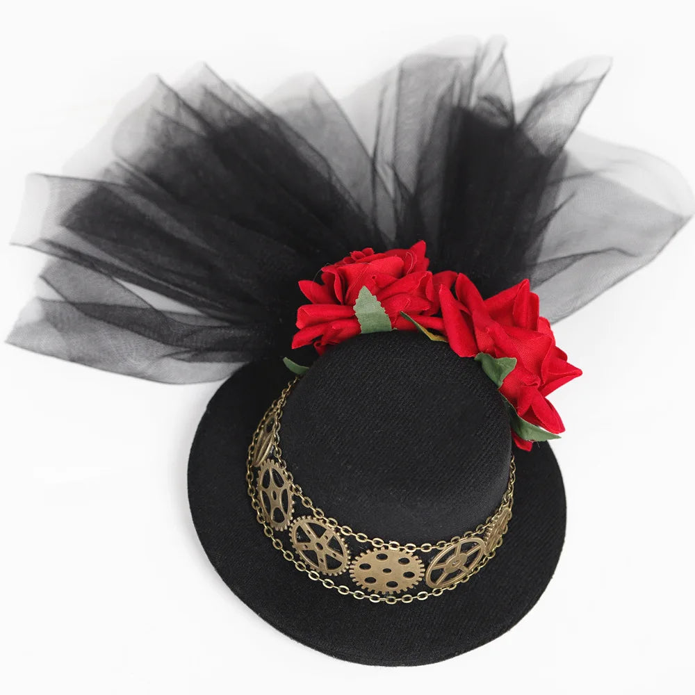 Steampunk Hat With a Veil and Red Roses chic